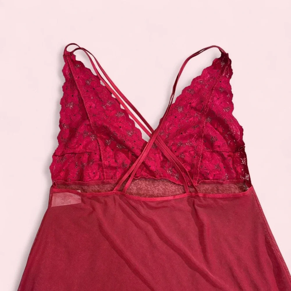 Red Lace Babydoll Slip Lingerie Short Dress with Floral and Sheer Top Size Large